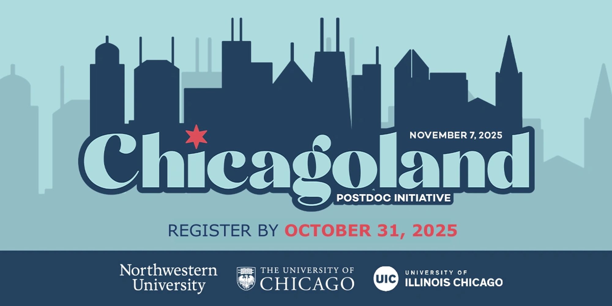 Chicagoland Postdoc Initiative Logo with a Blue outline of the Chicago skyline. November 7, 2025.