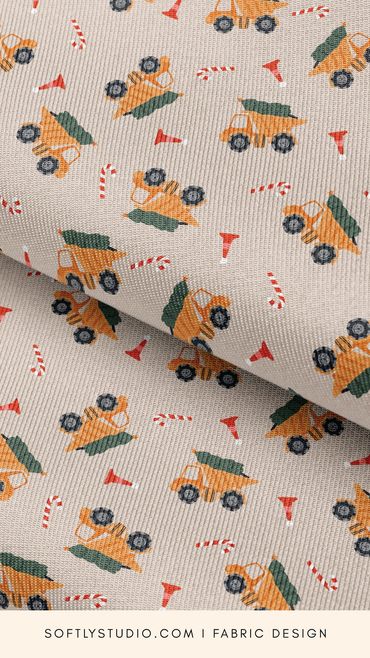 Festive bone fabric with yellow trucks, green trees, candy canes, and Christmas hard hats.