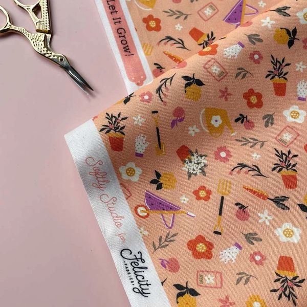 Softly Studio x Felicity Fabrics gardening-themed fabric with flowers, tools, plants.