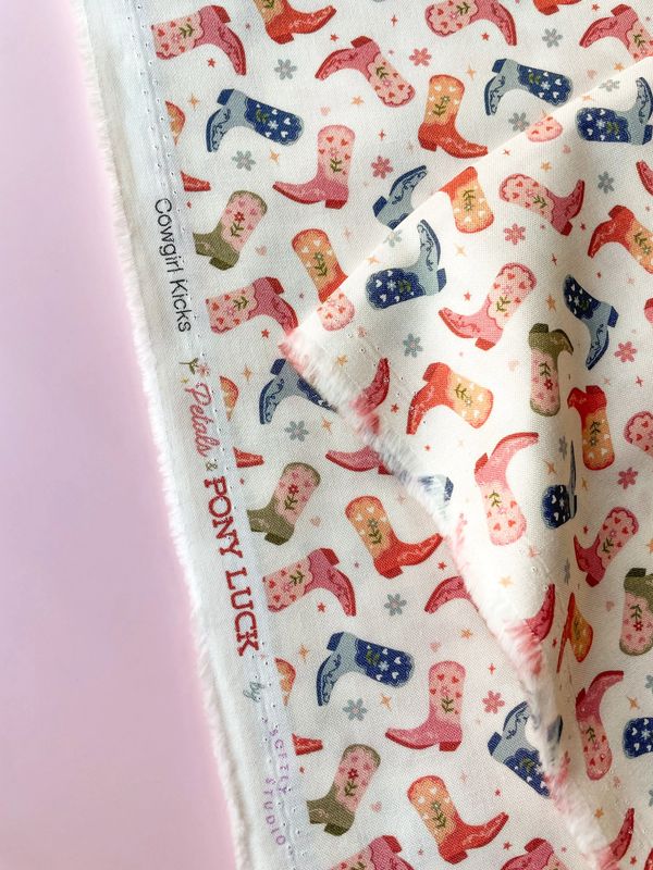 Cowgirl boot fabric in pastel colours on white background, Pony Luck collection.