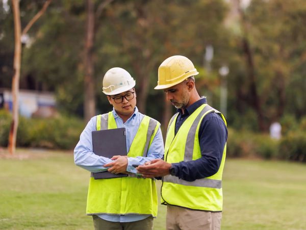 Two workers reviewing data on a tablet
