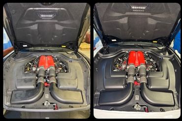 Before and after of Ferrari California engine bay after dry ice blasting. 