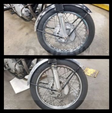 Dry ice cleaning hard to reach spokes in motorcycle wheel. 