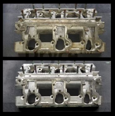 Before and after photo of engine block after dry ice blasting. 