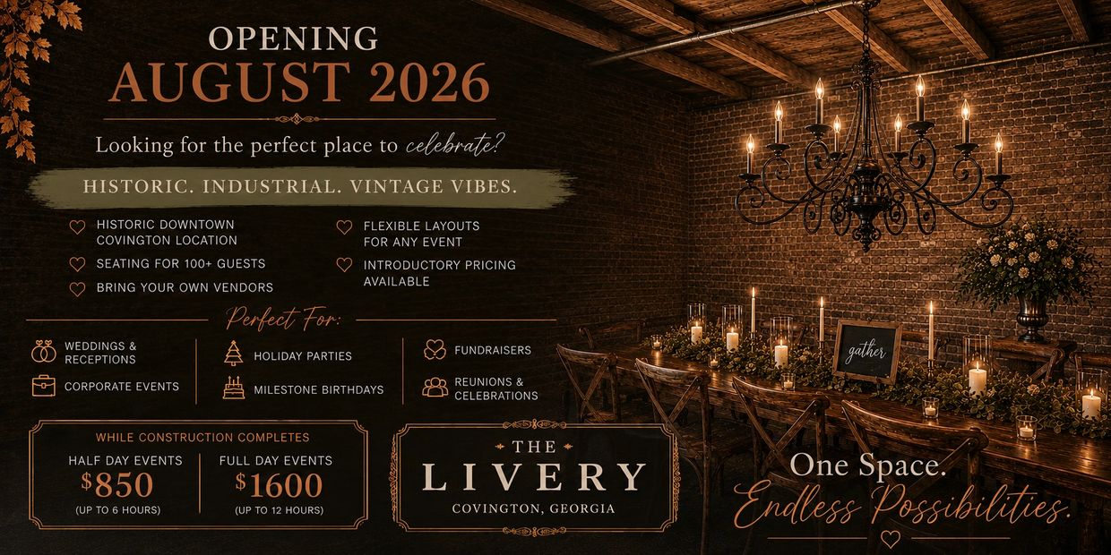 Event venue opening in August 2026 with historic and vintage vibes in Covington, Georgia.