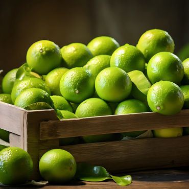 Fresh green limes in a wooden crate with leaves.