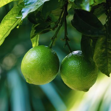 Two green limes hanging from a leafy tree branch.