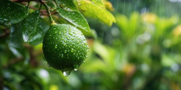 Green lime with water droplets during rain.