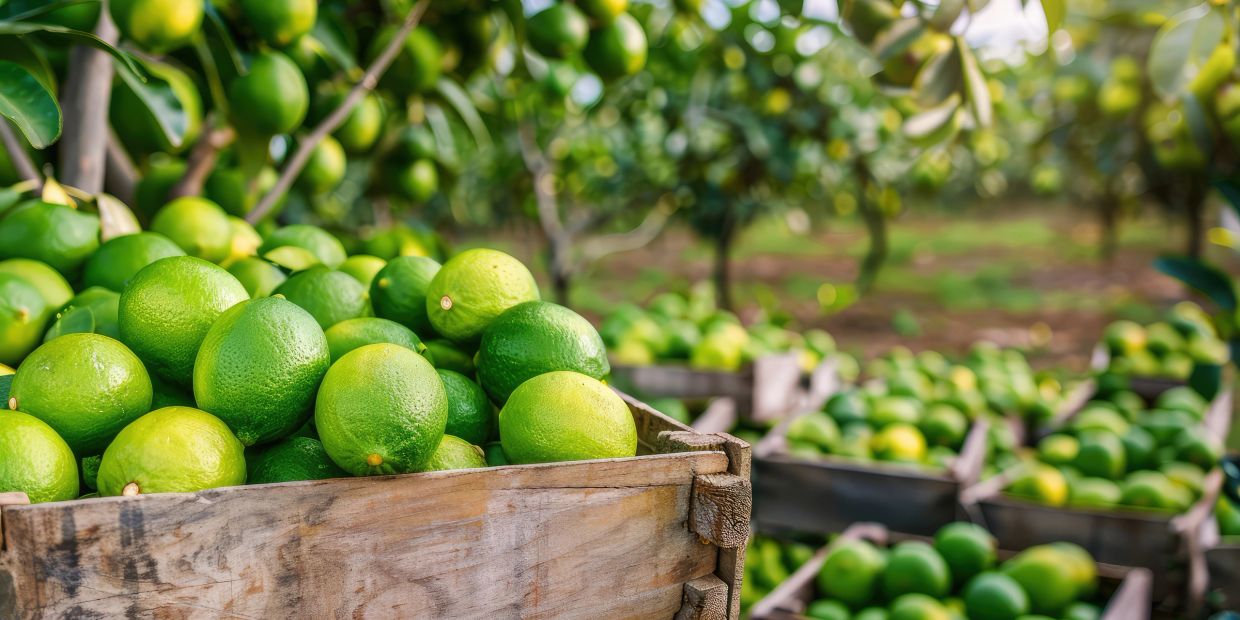 Fresh green limes in wooden crates on a farm.