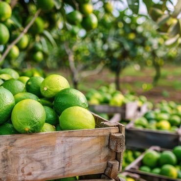 Fresh green limes in wooden crates at a citrus orchard.