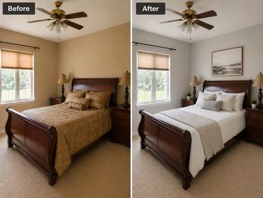 Bedroom makeover with lighter walls and fresh bedding.