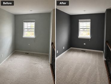 Room makeover with walls painted from light gray to dark charcoal.
