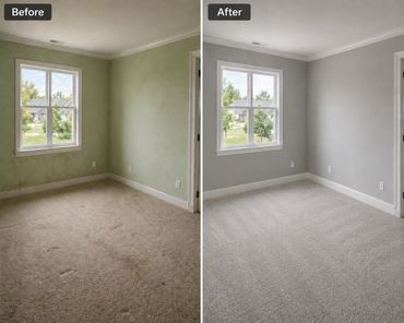 Room before and after renovation with fresh paint and carpet.