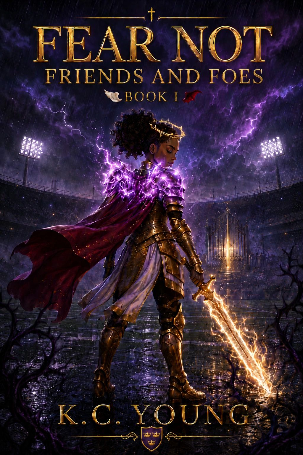 Fantasy book cover of a female knight with glowing sword and crown.