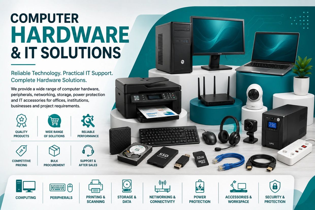 Various computer hardware and IT solutions displayed on a table.