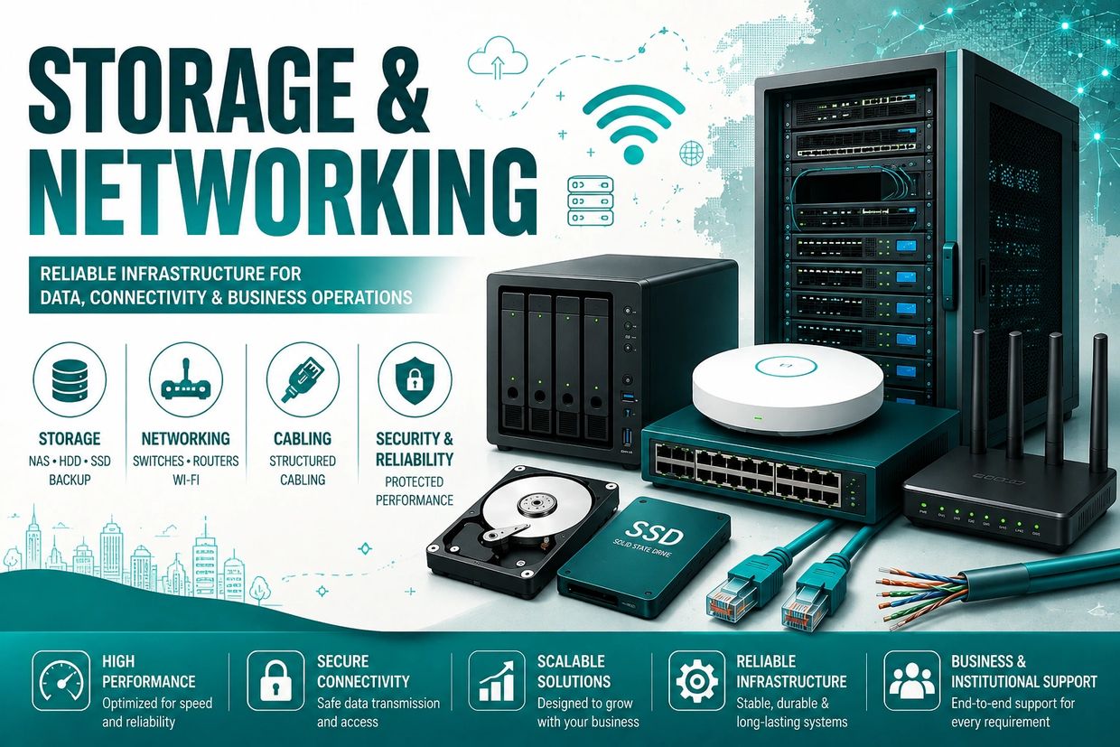 Storage and networking equipment for reliable data infrastructure.
