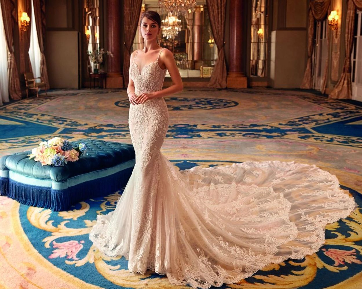 Demetrios Platinum beaded straps, sweetheart neckline fit and flare gown. Tiered fishtail train.