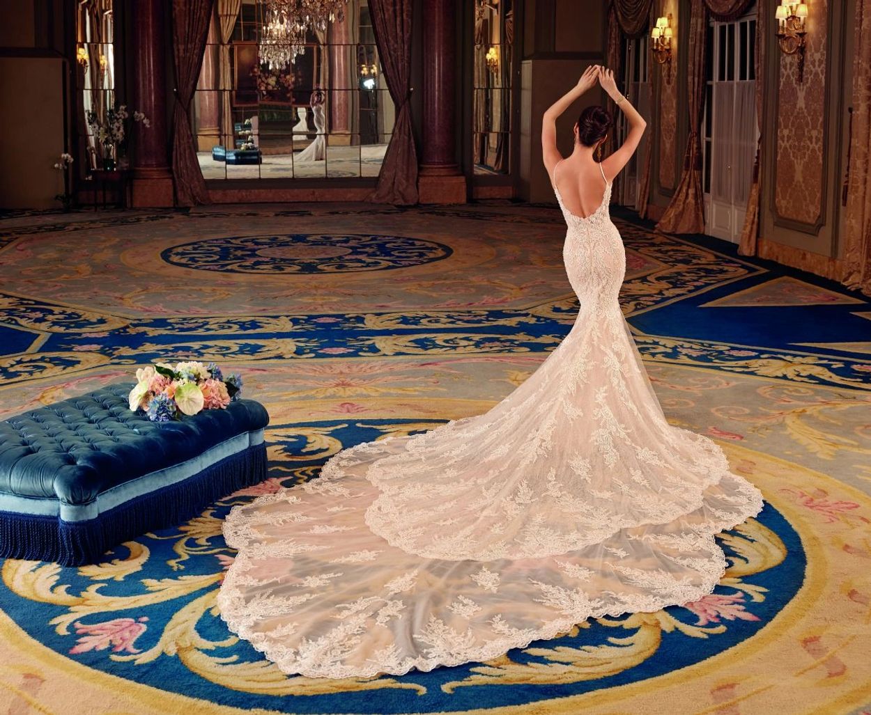 Demetrios Platinum beaded straps, sweetheart neckline fit and flare gown. Tiered fishtail train.