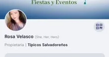 A digital contact card for Típicos Salvadoreños, Fiestas y Eventos. It features Rosa Velasco, owner.