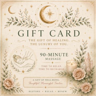 Elegant gift card for a 90-minute massage promoting relaxation and healing.