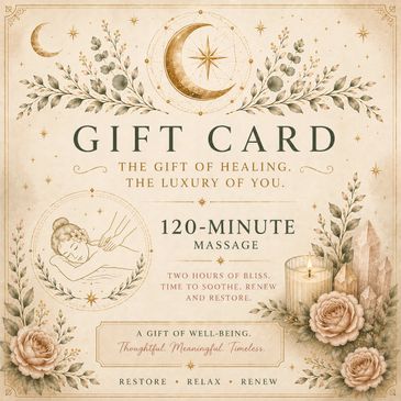 Elegant gift card for a 120-minute healing massage with floral and celestial designs.