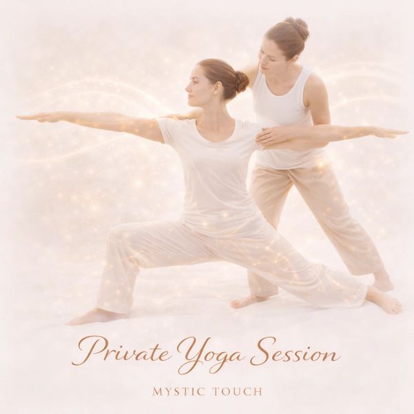 Two women practicing yoga in a private session with a calming, mystical ambiance.