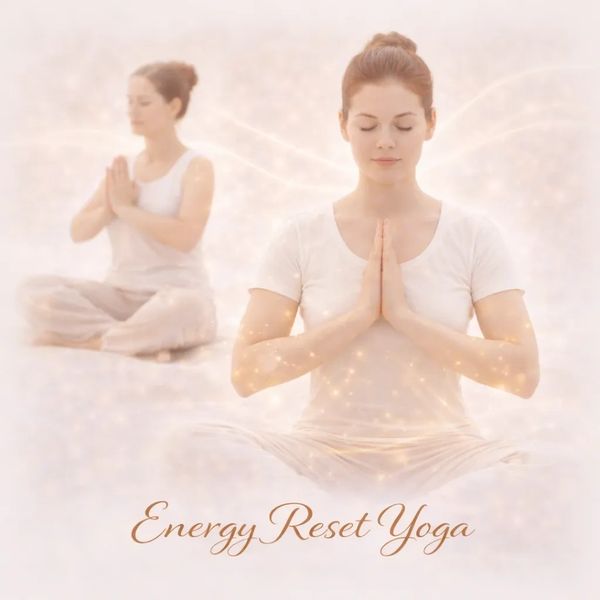Two women meditating in calm yoga poses with 'Energy Reset Yoga' text.