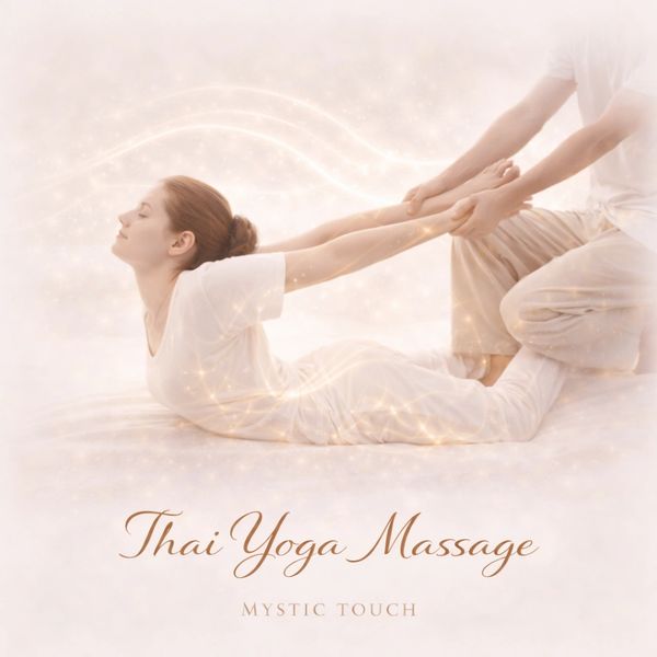 A serene Thai yoga massage session with gentle stretching and calming energy.