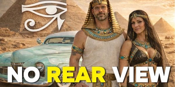 Two people in Egyptian costumes stand near a vintage car with pyramids in the background.