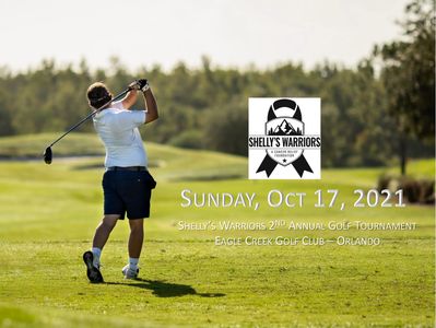 Golfer swinging on a lush green course during Shelly's Warriors 2021 golf tournament.