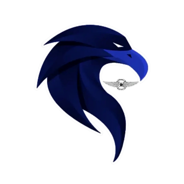 Stylized blue eagle head logo on black background with a silver winged emblem.
