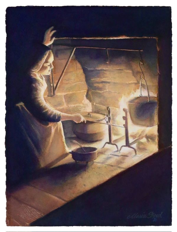 “Heart of the Hearth” Transparent watercolor by Maria Freed