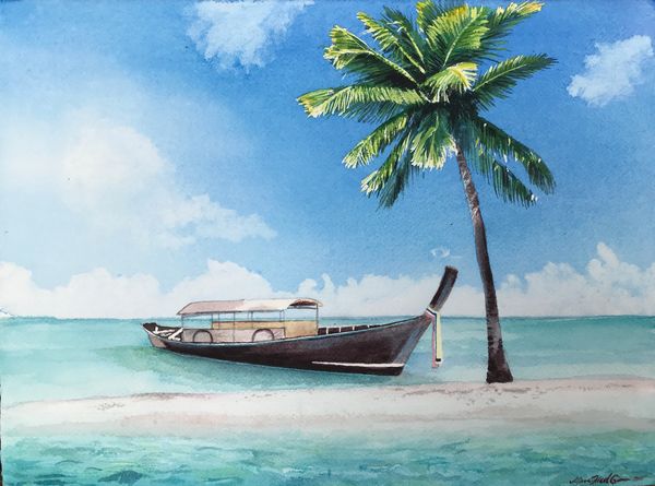 “Calendar Boat” Transparent watercolor by Maria Freed