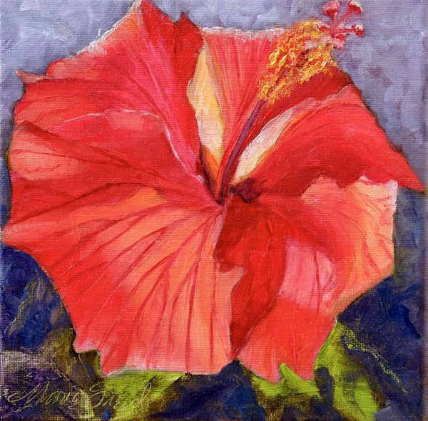 Oil painting of red hibiscus close up