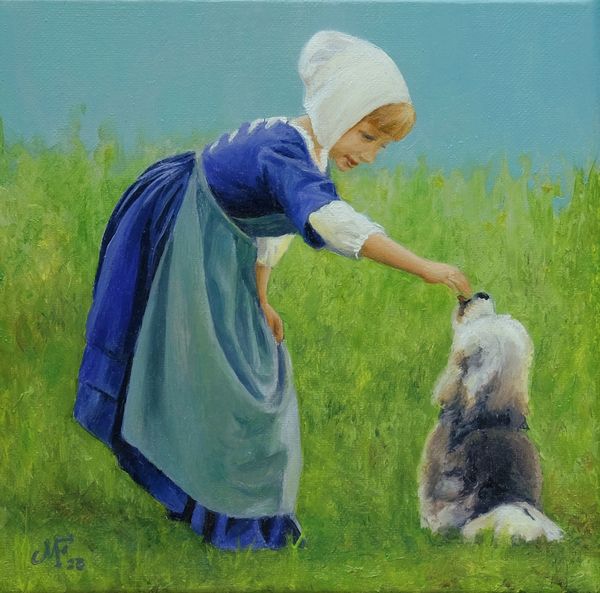 “Kat and Dog” oil painting by Maria Freed