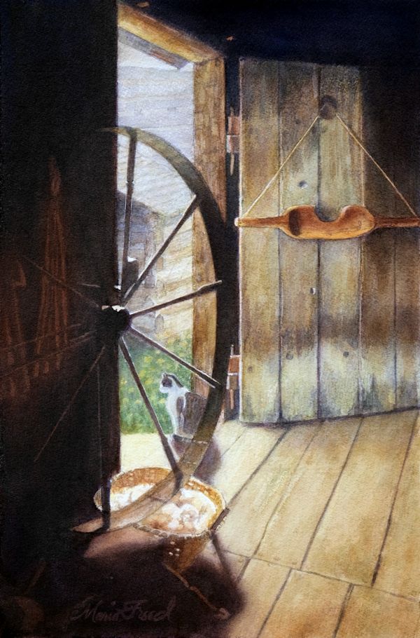 Light streams through a rustic cabin doorway with a cat, spinning wheel, and bucket yoke.