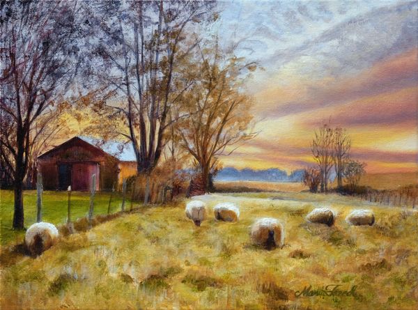 Sheep peacefully grace the golden grasses under a sunset sky near a red barn.