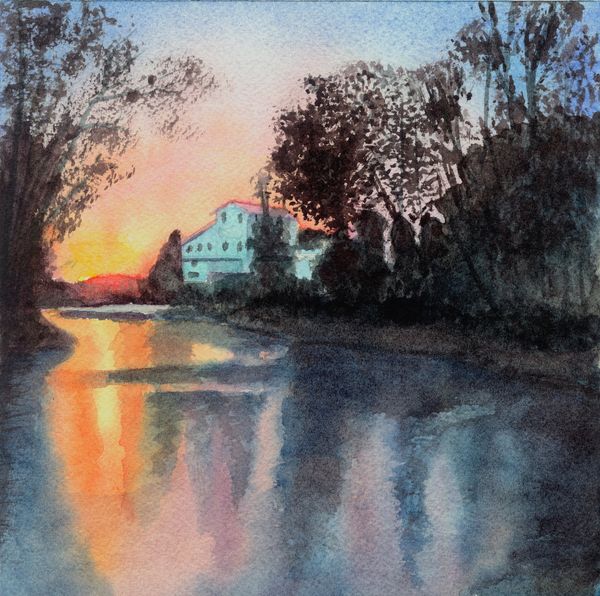 “White’s Mill” transparent watercolor by Maria Freed
