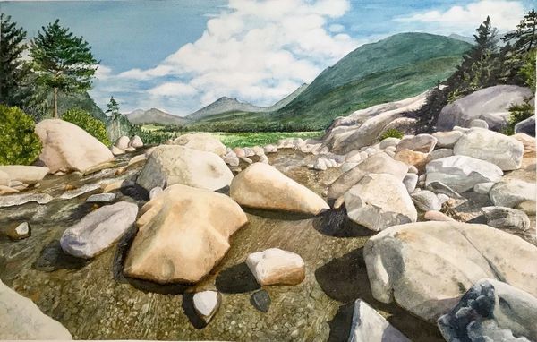 "Baubles of the Roaring River", transparent watercolor by Maria Freed