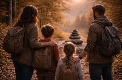 Family of four hiking together in autumn forest, admiring a stone cairn.