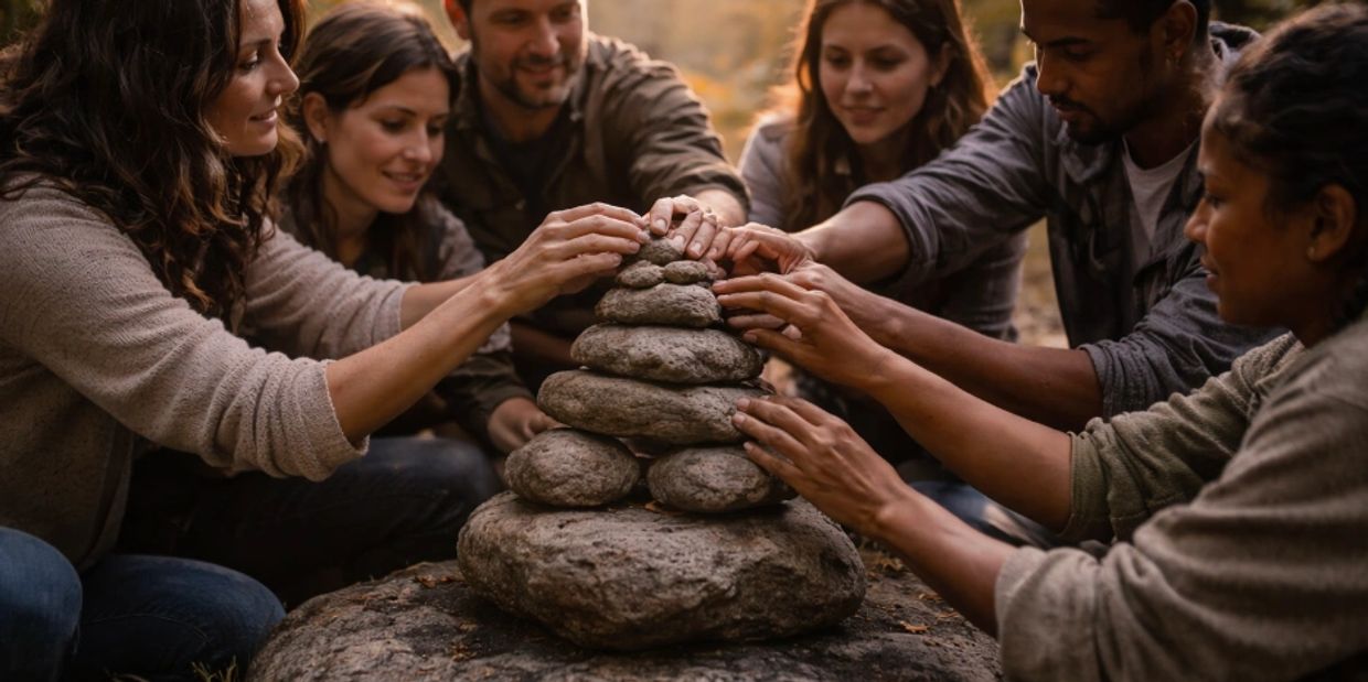 Group of friends building cairn for orientation