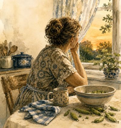 A woman in a patterned dress looks out a window at sunset from a cozy kitchen.