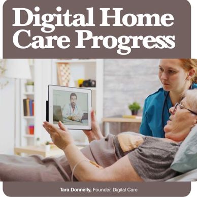 Elderly woman at home in bed, video calling doctor, with female nurse beside her.