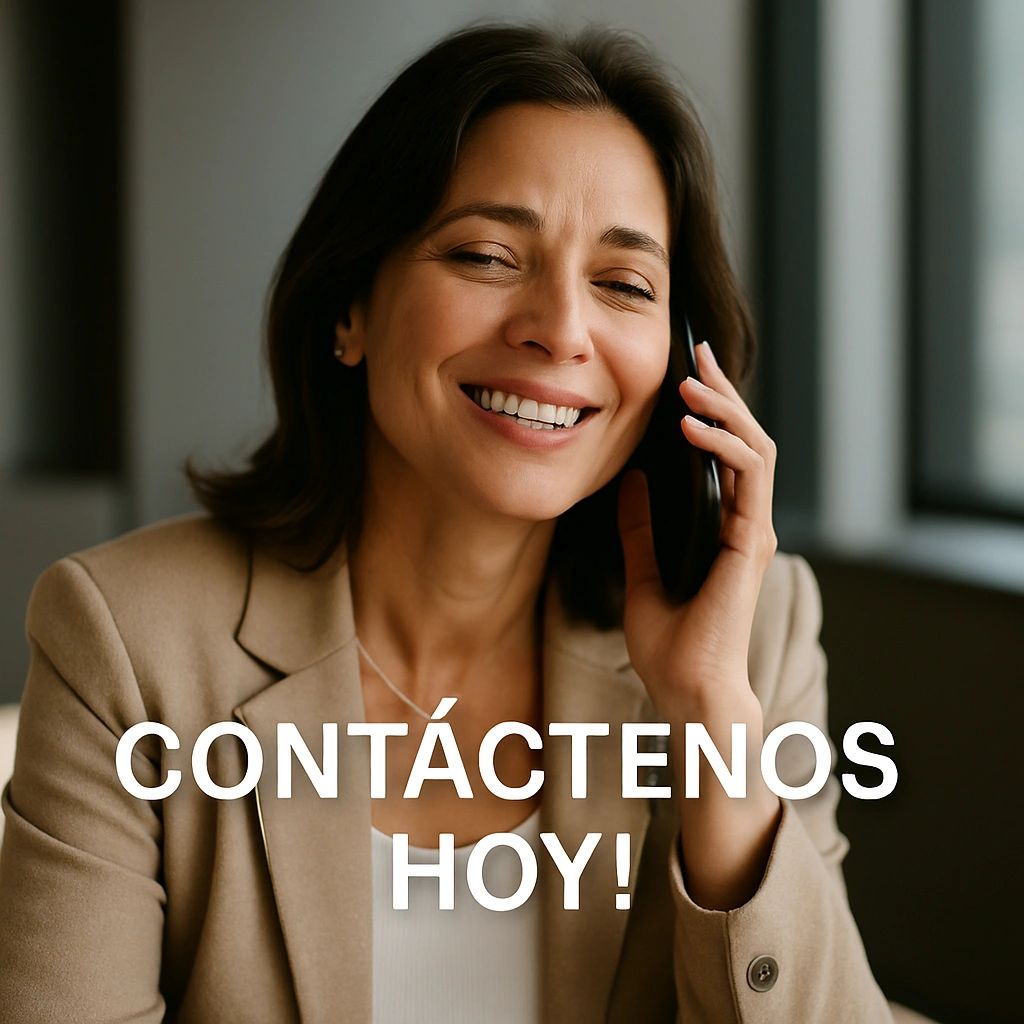 Mujer profesional sonriente hablando por teléfono. Texto: ¡CONTÁCTENOS HOY! al frente.