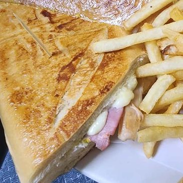 Toasted ham and cheese sandwich with French fries on a white plate.