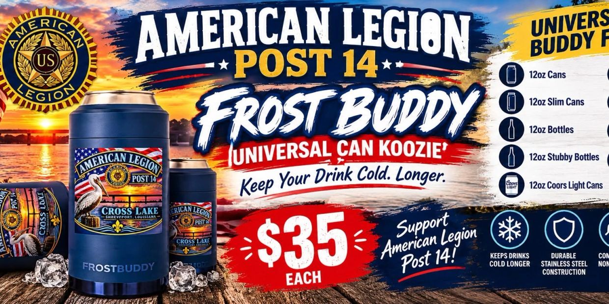 Advertisement for American Legion Post 14 Frost Buddy can koozie.