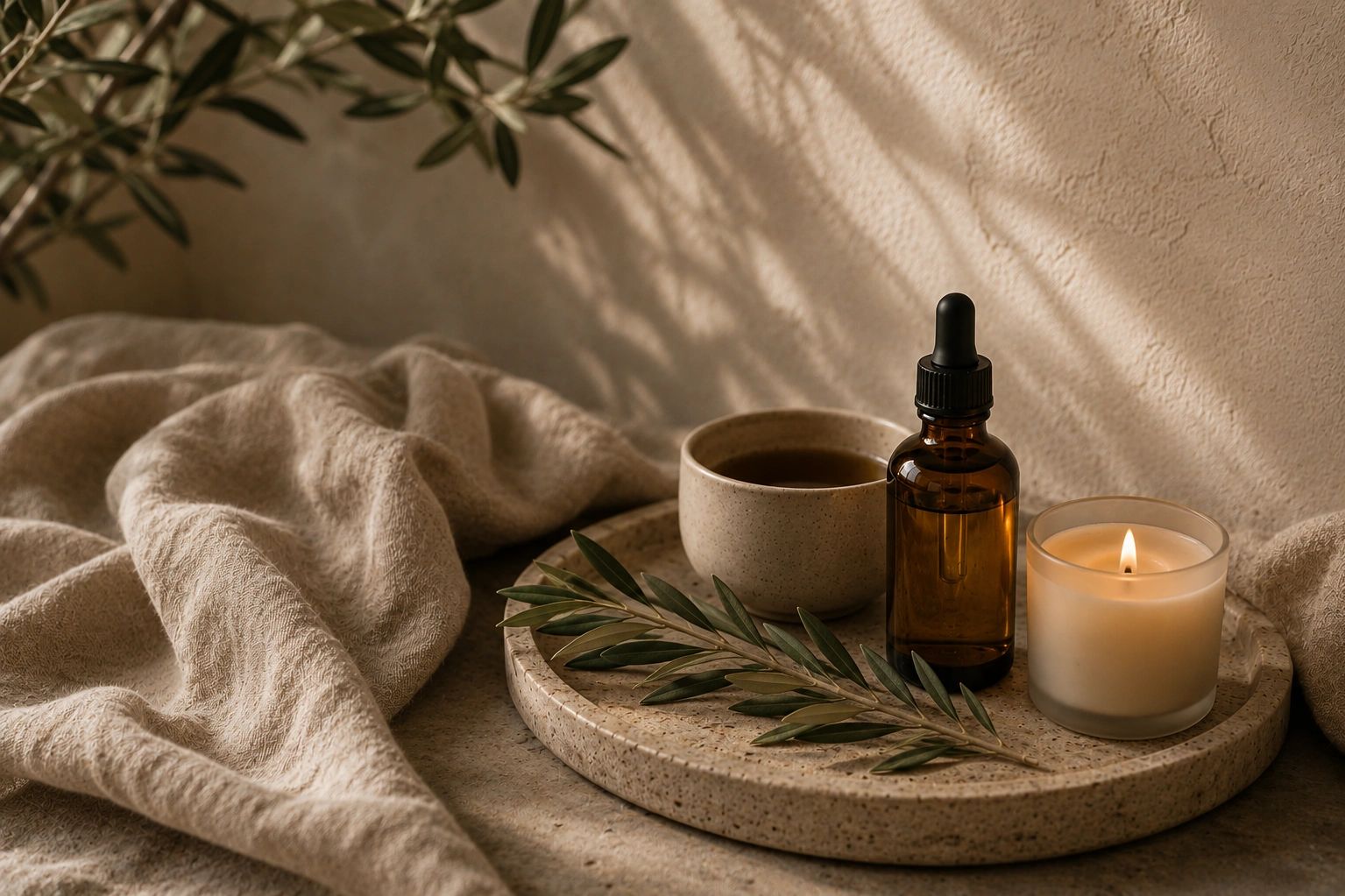 A cozy setup with a cup, amber dropper bottle, lit candle, and greenery on a stone tray.