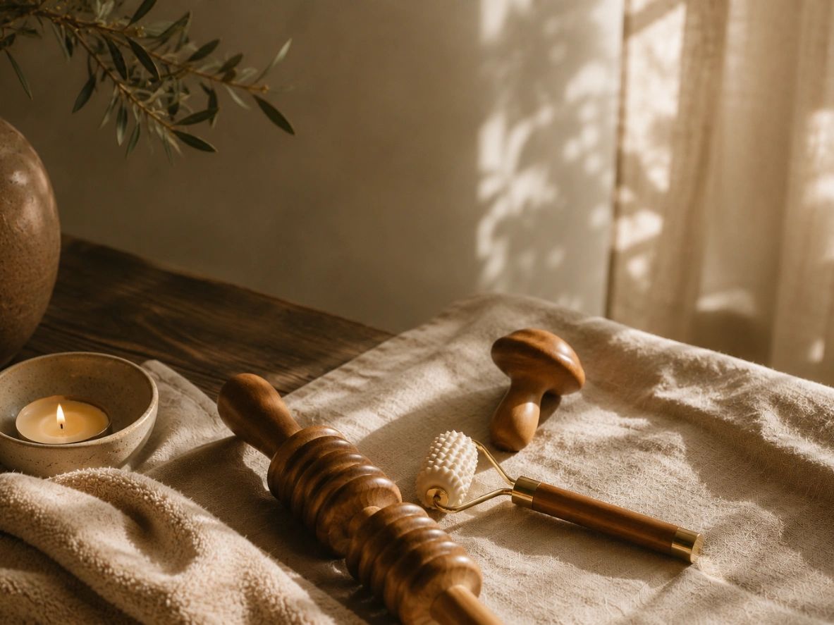 Wooden massage tools and a lit candle on a soft beige towel in warm sunlight.
