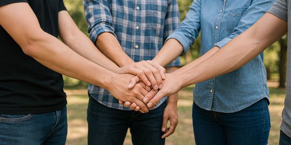 Four people placing their hands together in a show of unity outdoors.