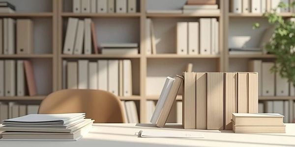 A tidy desk with books and papers in a well-lit office space.